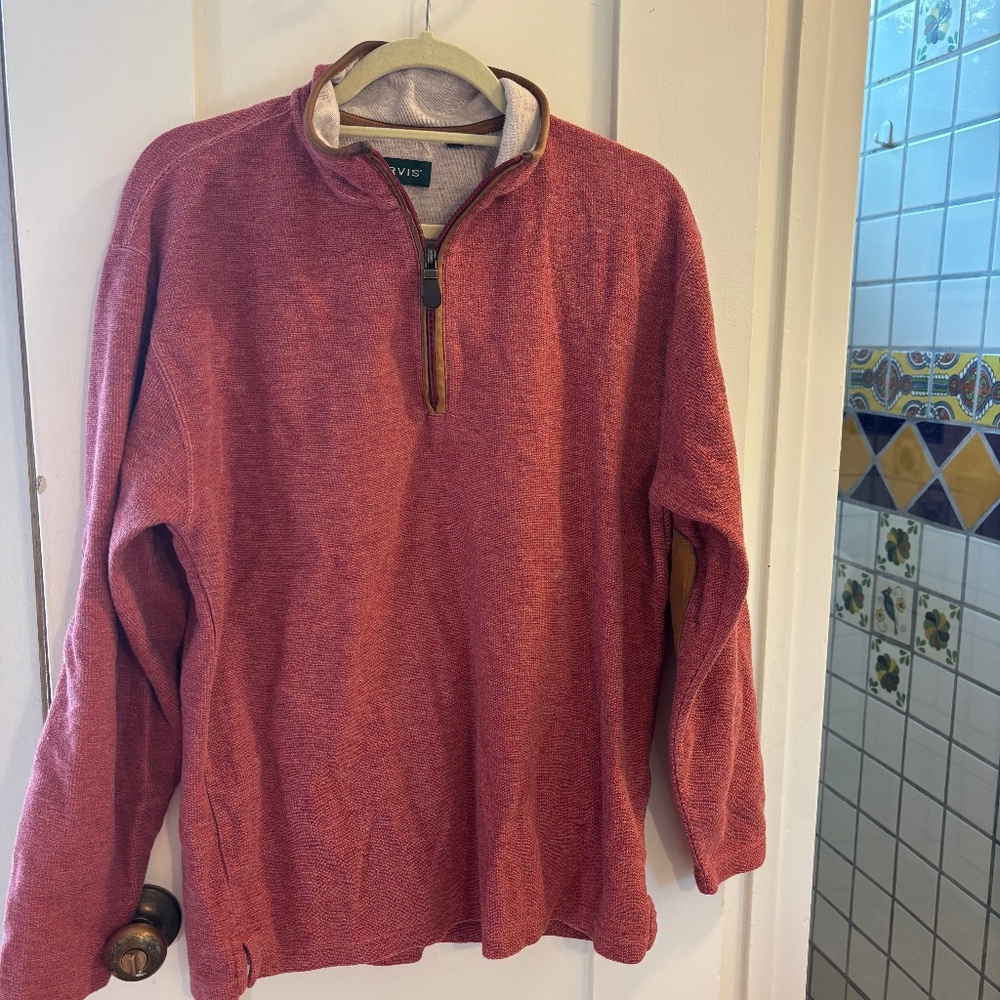 Orvis quarter-zip sweater with leather trim and elbow patches